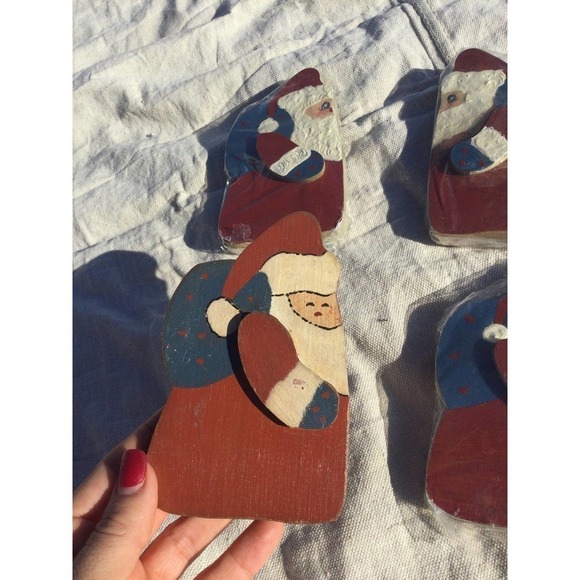 Wooden Santa figurines set of 6 red white blue 5” 5 in patriotic Christmas wood - Picture 3 of 6
